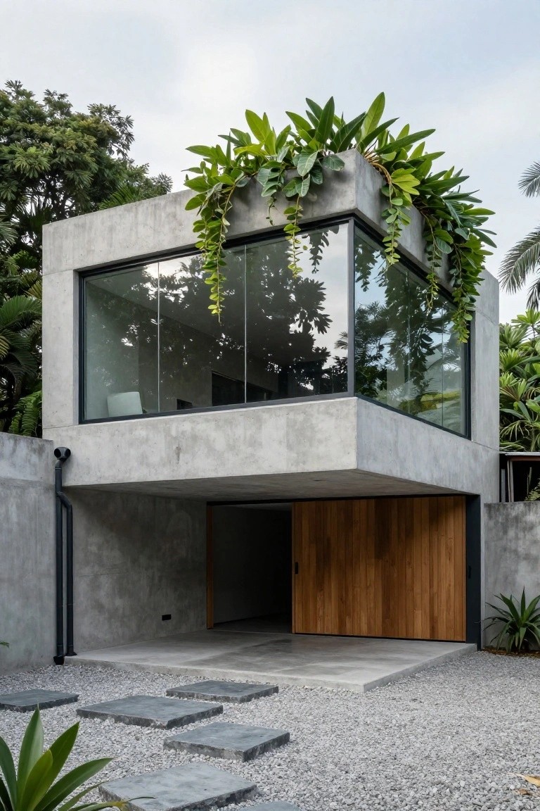 A modern two-story concrete house with large reflective windows, a wooden garage door, and a flat roof covered in dense green plants with vines hanging over the edge above a gravel path with stepping stones.