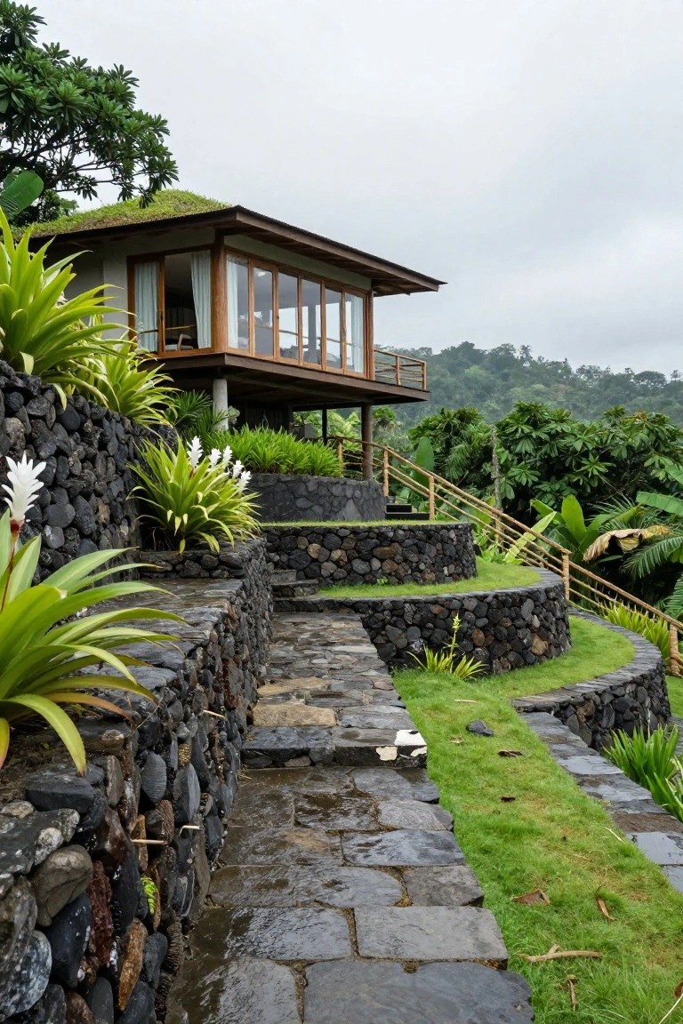 Modern hillside home with stone path amid lush tropical plants and terraces