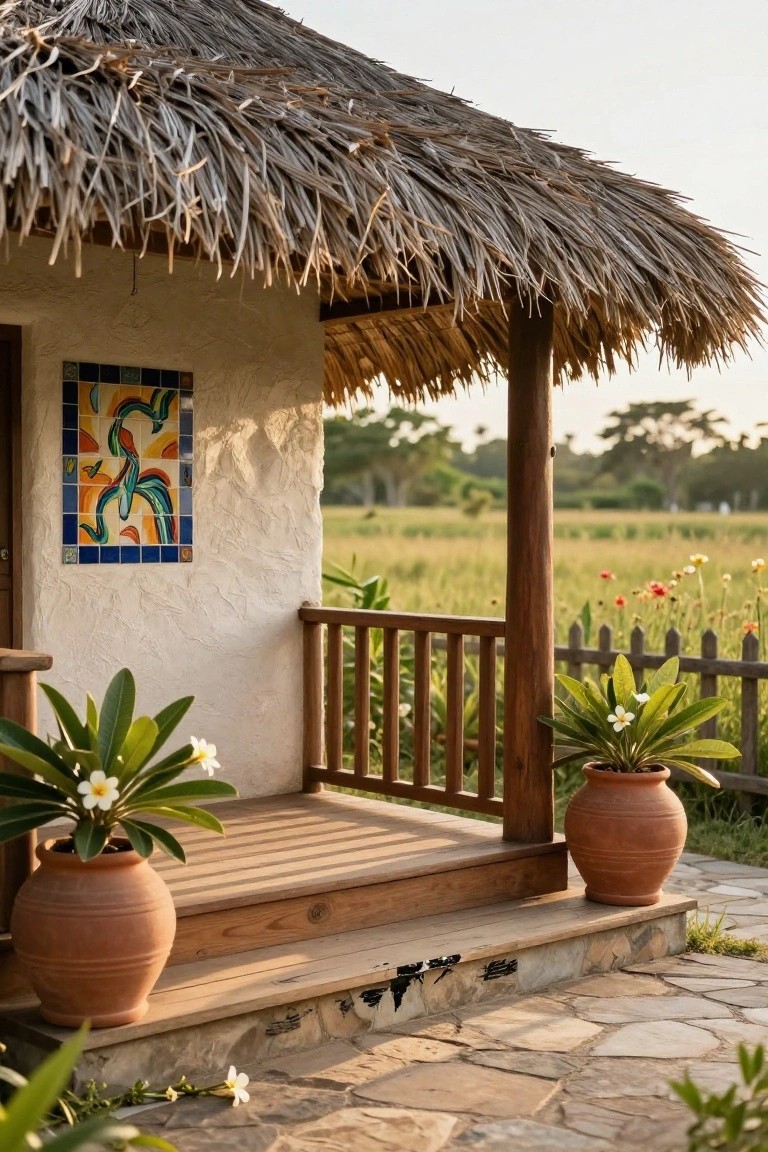 A small house exterior with a thatched roof over a wooden porch, terracotta pots with plants, and a colorful tile panel on the wall.