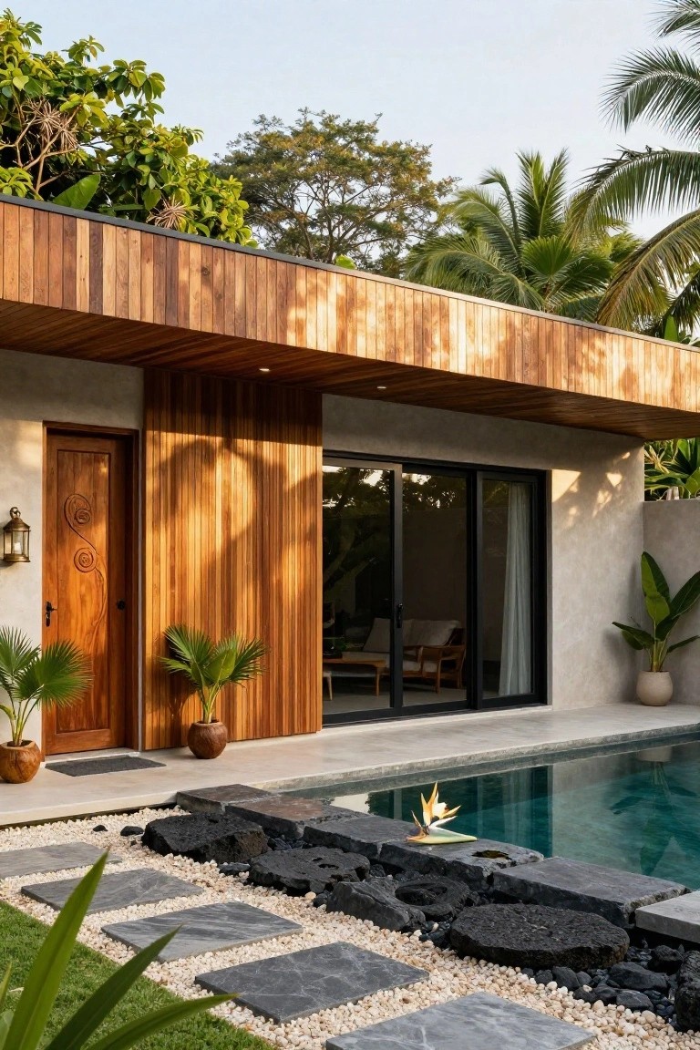 A modern tropical house exterior features horizontal wood siding, a carved wooden door, large glass sliding doors opening to a pool, and stone stepping paths through gravel and plants.