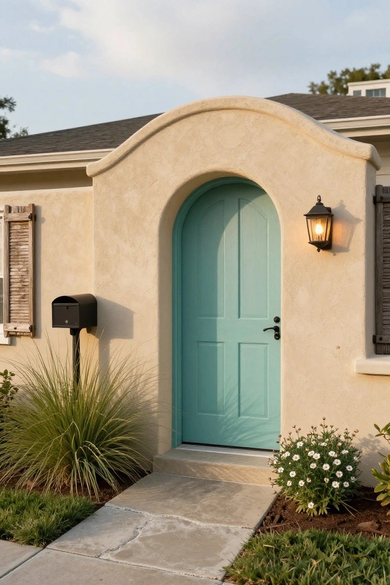 A turquoise arched door centered in a beige stucco wall, with a lit lantern on the right and a stone walkway leading to the step.