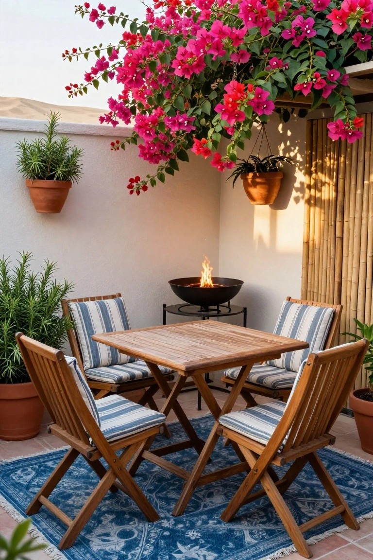 A square wooden dining table with striped cushions on a blue patterned rug sits beside a lit fire pit on a patio, surrounded by potted plants and hanging pink flowers.