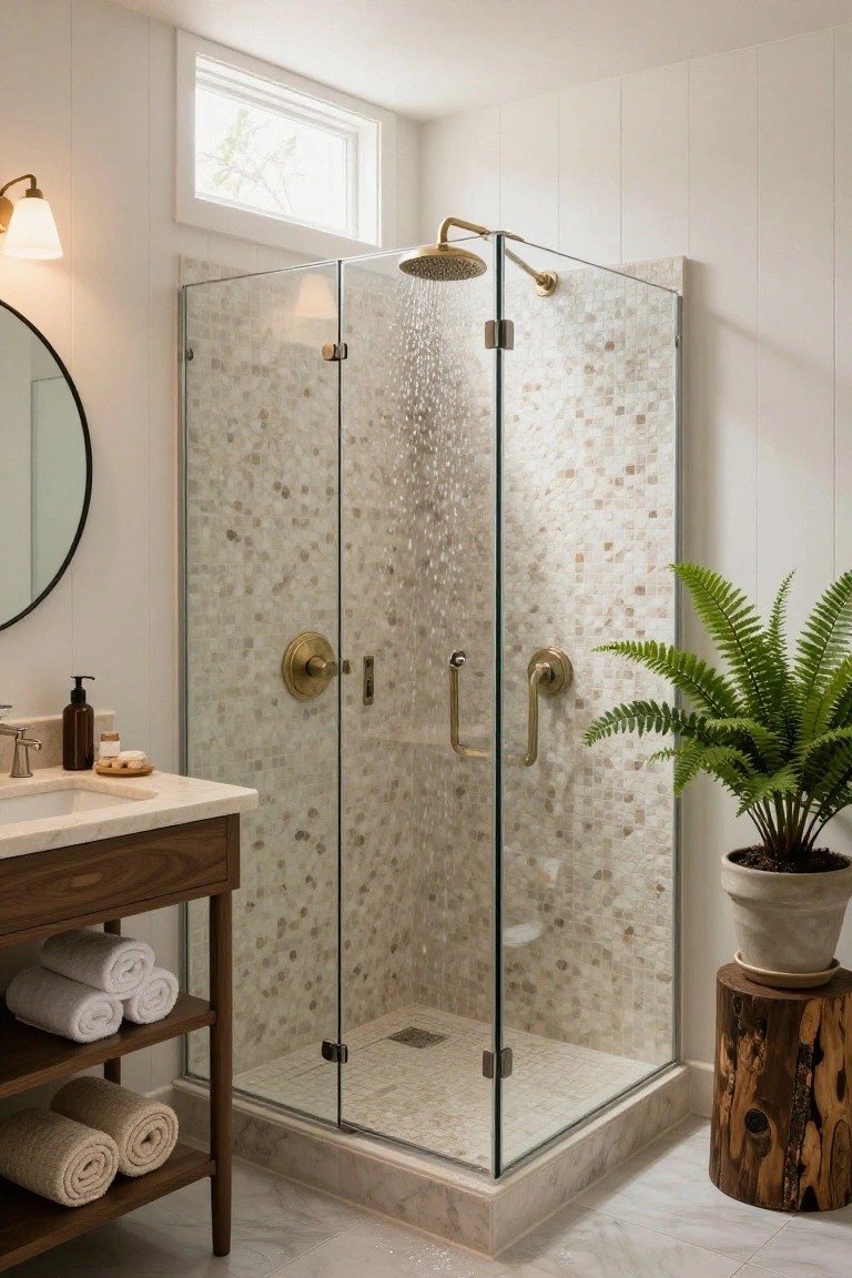 Modern bathroom with glass mosaic shower, gold fixtures, marble vanity, and fern plant.