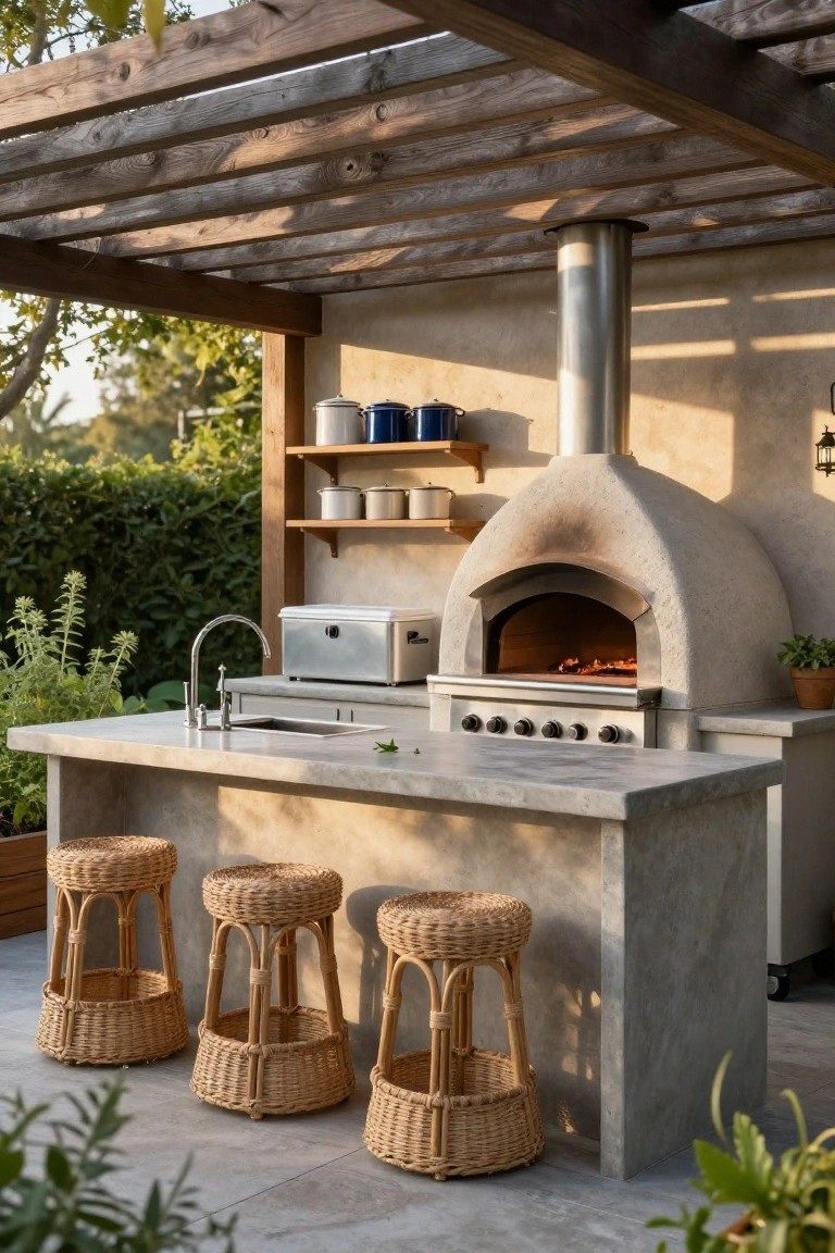 A concrete outdoor kitchen island with a built-in pizza oven, sink, stainless steel counter equipment, and three woven stools under a wooden pergola.