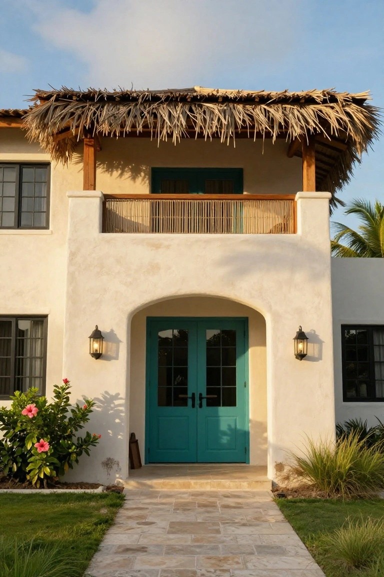 A two-story stucco beach house with a thatched roof, balcony, and turquoise double doors set inside an arched entryway.