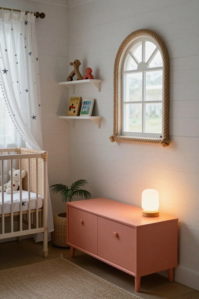 A bright child's room with white shiplap walls, a pink two-drawer cabinet holding a glowing lamp, a white crib with a teddy bear, floating shelves, and an arched window trimmed with rope.