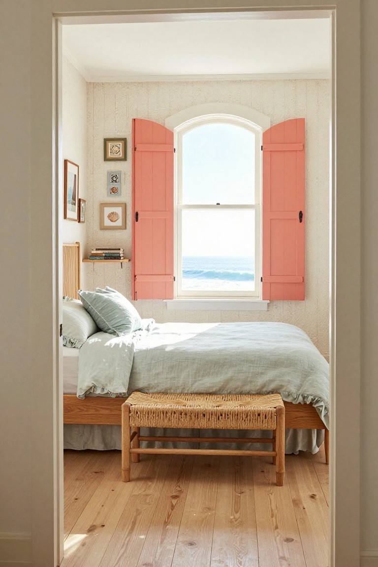 A bedroom interior viewed through a doorway shows a wooden bed with light green bedding, a woven bench at the foot, framed art on the wall, and an arched window with open coral shutters overlooking the ocean.
