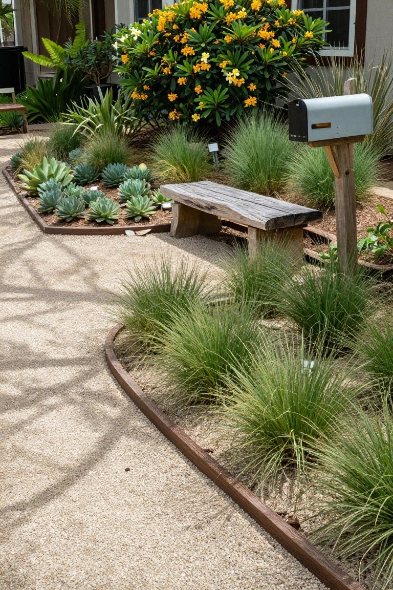 A gravel walkway curves past raised planting beds edged in wood, featuring succulents, tall grasses, a wooden bench, and a mailbox post.