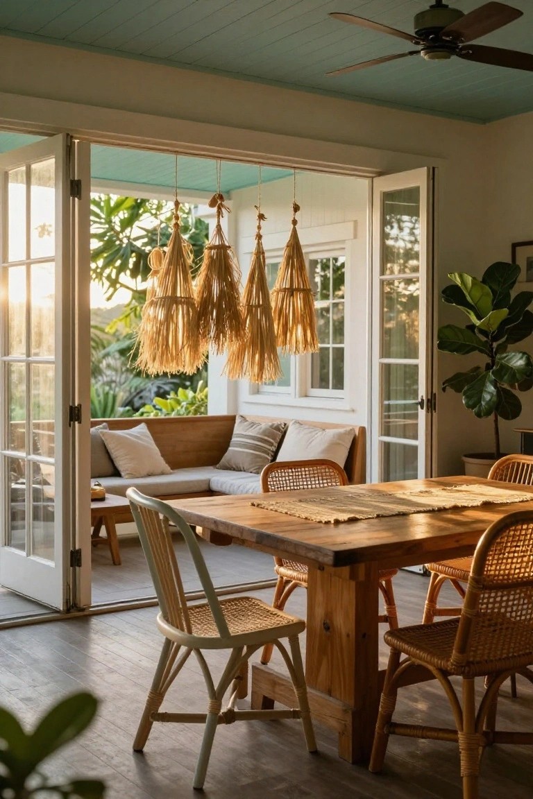 A wooden dining table with mixed rattan and wooden chairs sits beneath several hanging straw pendant lights, with open French doors revealing an outdoor seating area beyond.