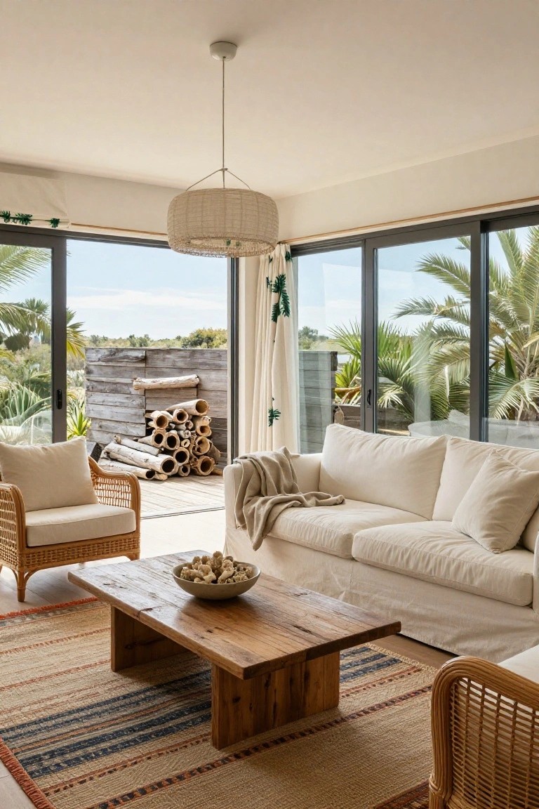 Bright living room with white sofa, wooden coffee table, wicker chairs, and palm trees outside