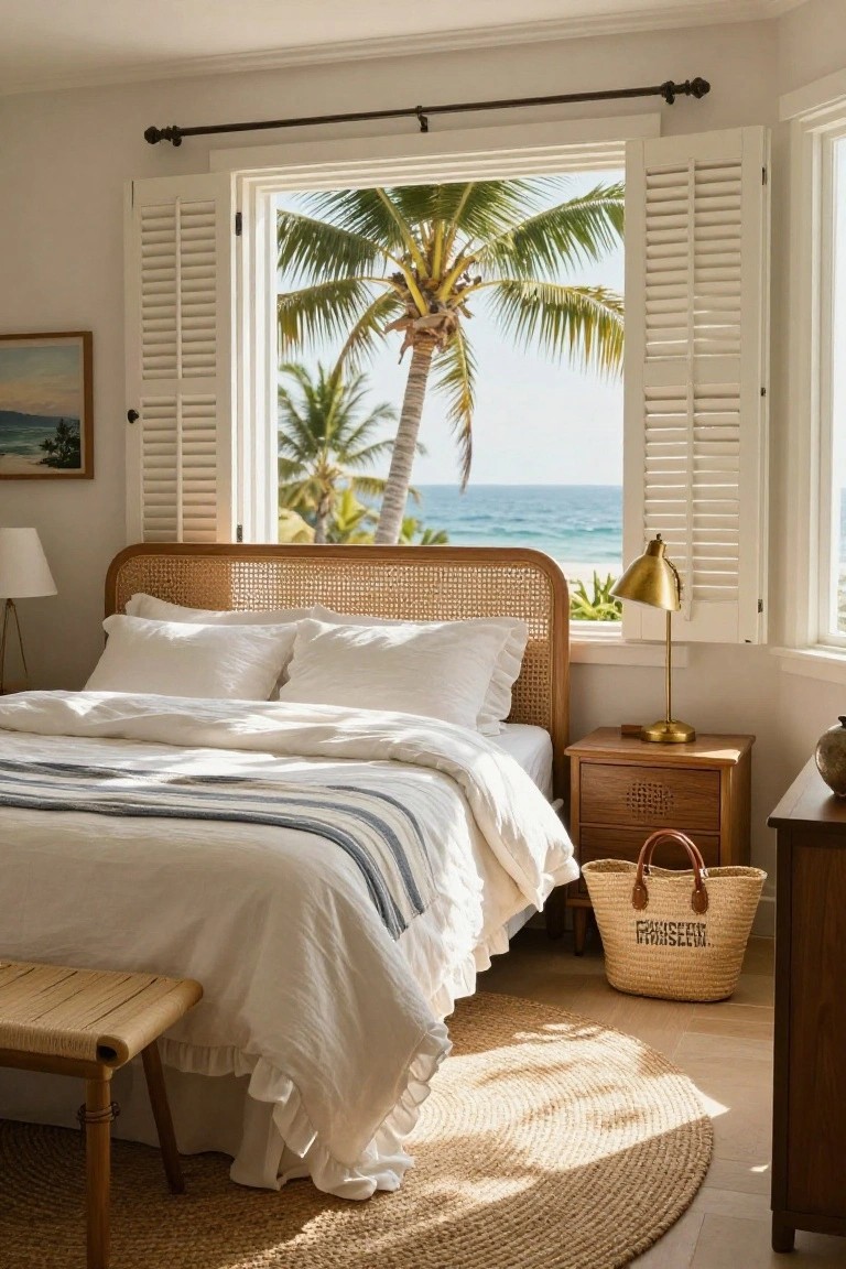 A bedroom featuring a bed with a rattan headboard and white linens positioned directly in front of a large open window with white shutters overlooking palm trees and the ocean.