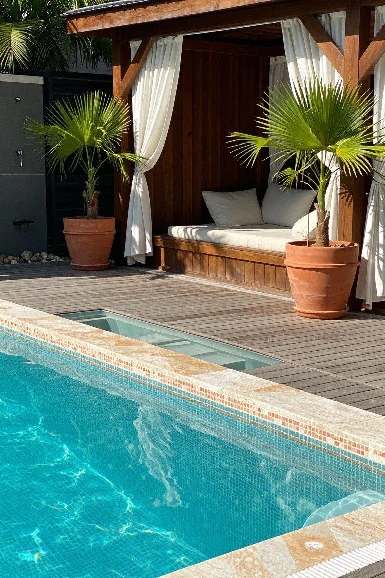 Turquoise pool beside wooden cabana with white curtains and potted palms