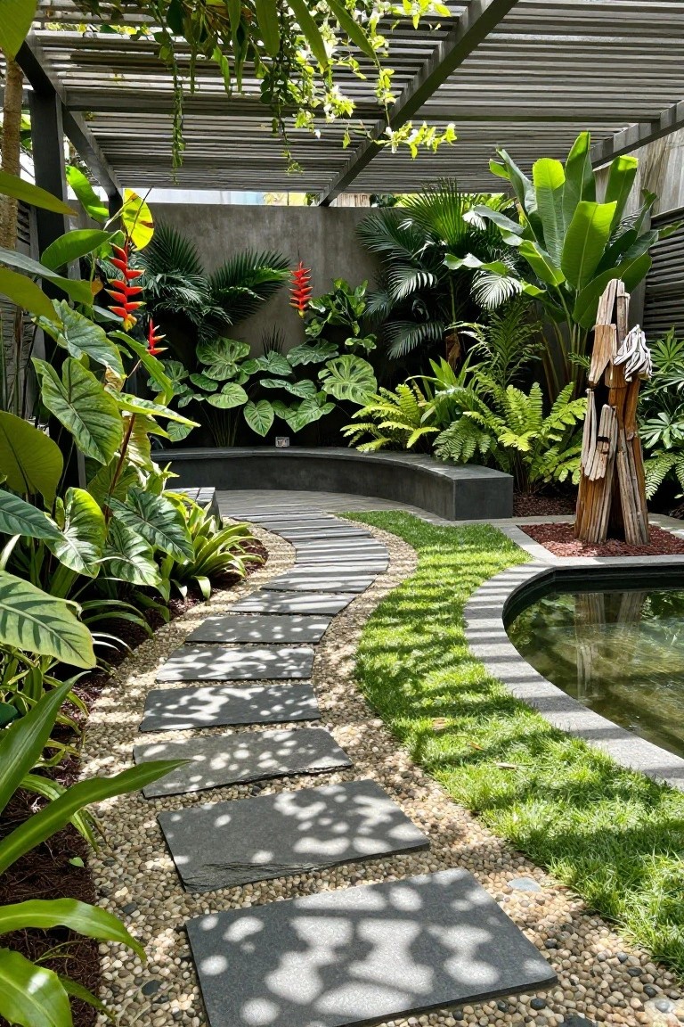 A curved path of dark stepping stones winds through gravel and grass beside dense tropical plants and a small pool.