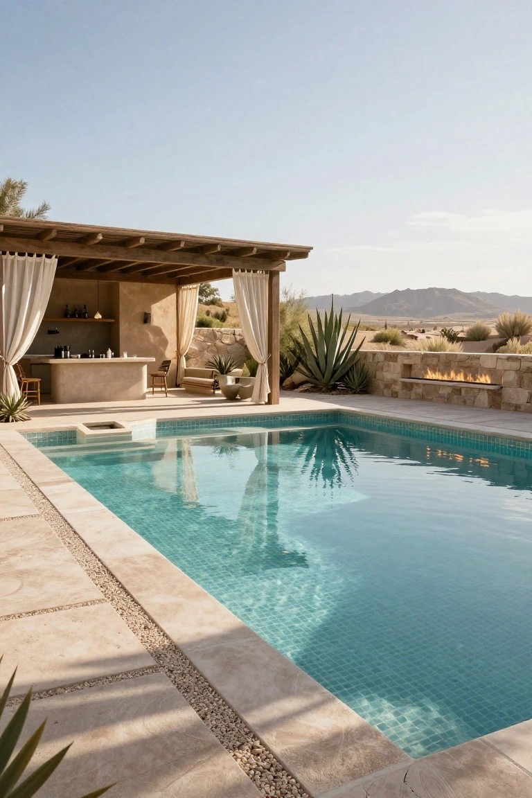 A rectangular swimming pool with a covered outdoor bar and seating area beside it in a desert setting.