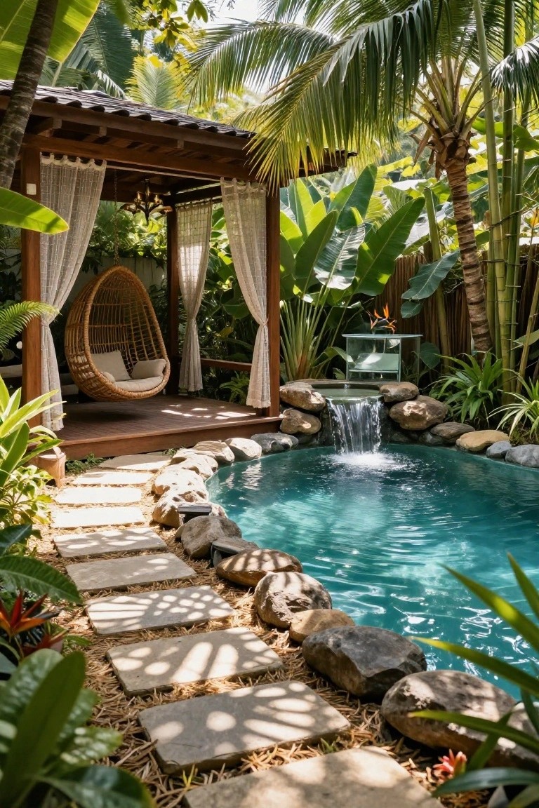 A backyard swimming pool with a waterfall, rocks, and a wooden deck holding a hanging chair with curtains, surrounded by tropical plants and a stone path.