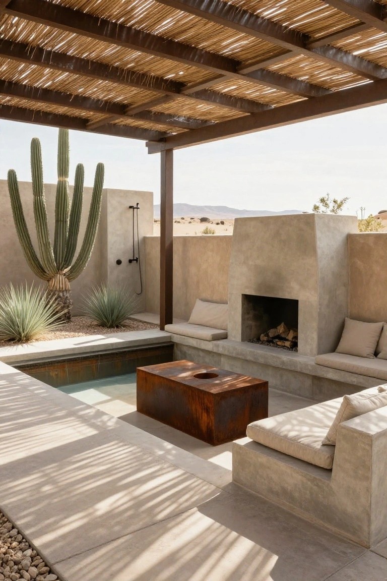 An outdoor pool area with built-in concrete seating, a fire feature, a rusted metal table, and a thatched roof shade structure in a desert setting.
