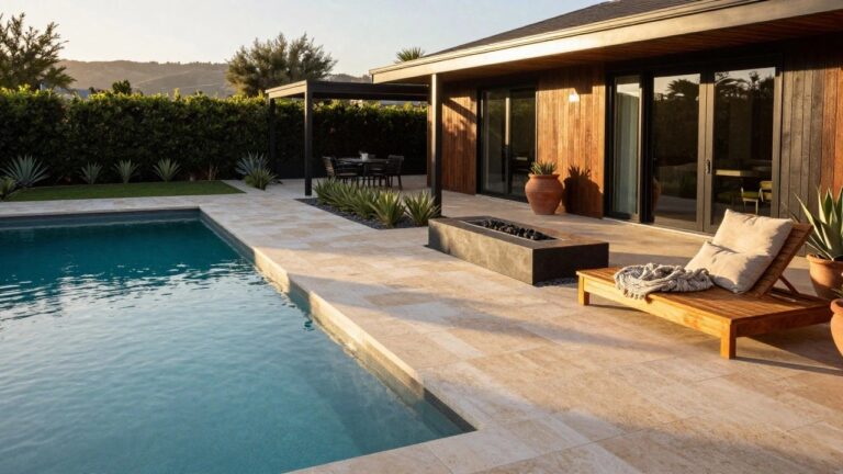 A modern ranch home with a long rectangular pool next to a wide travertine patio that includes a linear fire pit, lounge chairs, and potted plants, with hills visible in the distance.