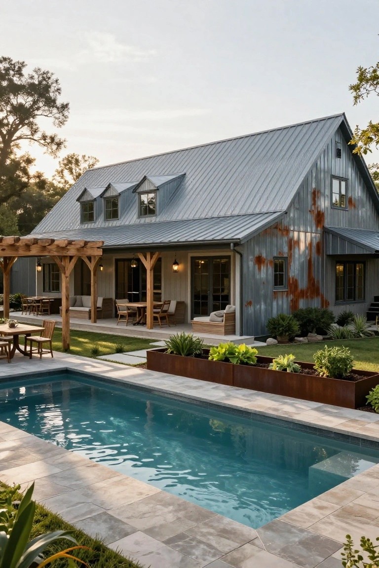Rustic gray metal barn house with patio beside a stone-edged swimming pool.