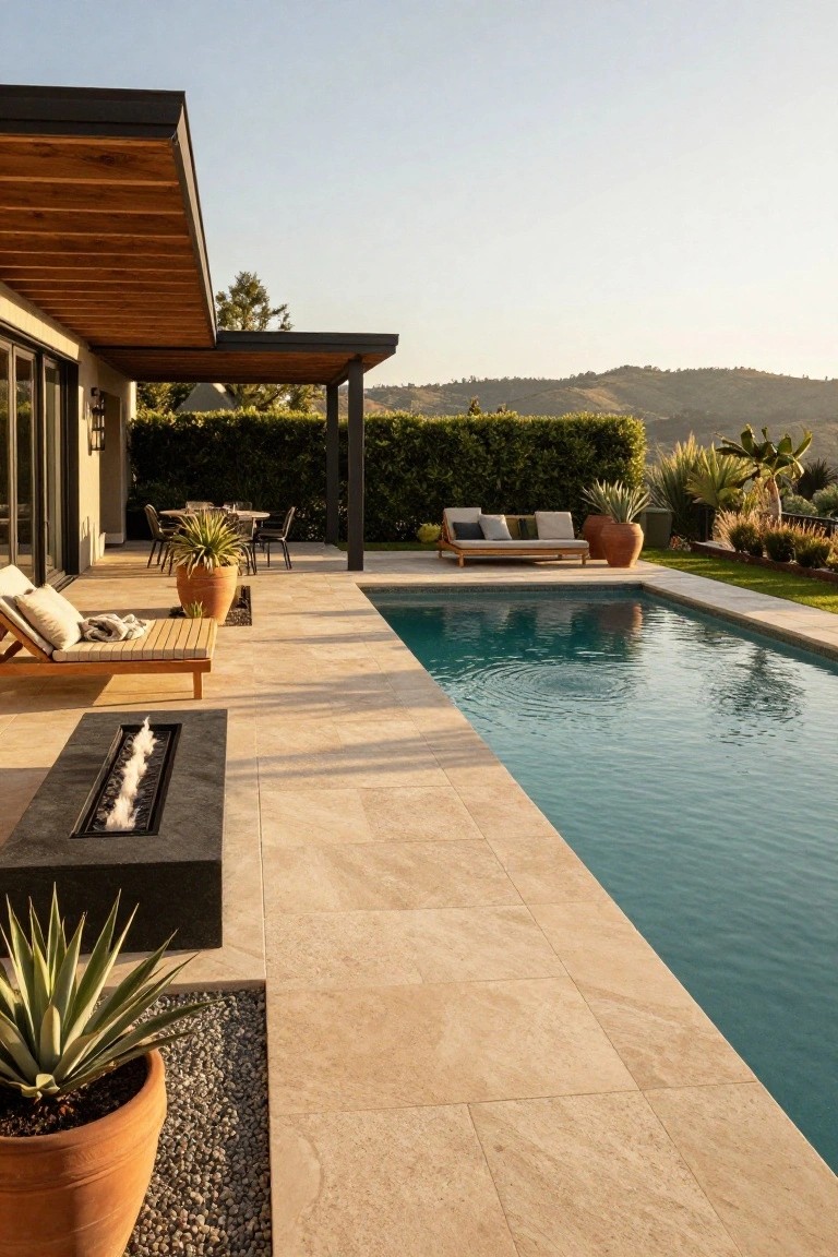 A modern ranch home with a long rectangular pool next to a wide travertine patio that includes a linear fire pit, lounge chairs, and potted plants, with hills visible in the distance.