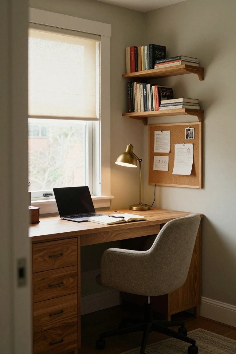 A wooden desk with a laptop and open notebook sits under a window, paired with a gray upholstered chair, brass desk lamp, floating wood shelves with books, and a corkboard with papers on a light-colored wall.