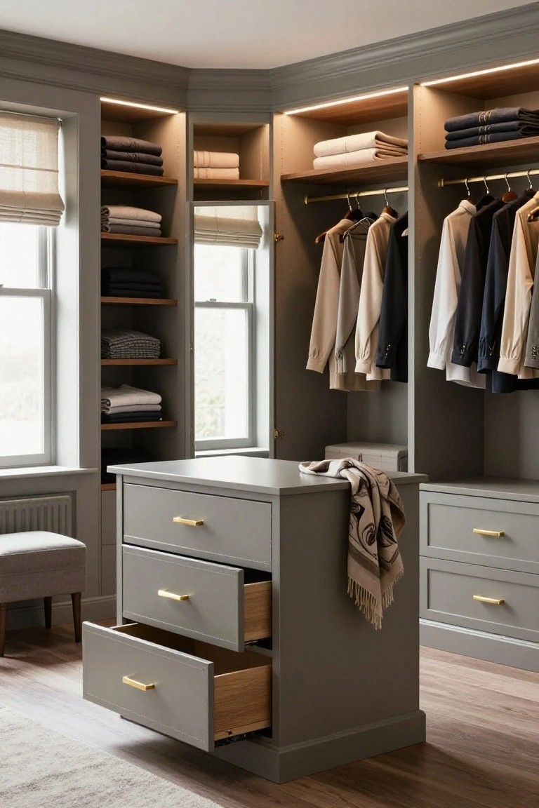 A walk-in closet interior featuring a gray central island with open drawers, hanging clothes on rods, and shelves filled with folded garments.