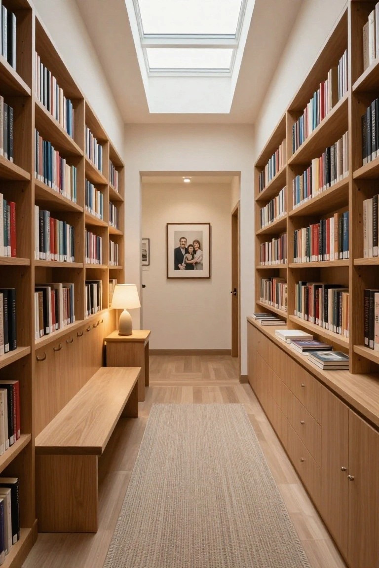 A narrow hallway with floor-to-ceiling wooden bookshelves on both sides, a built-in bench on the left, and a skylight above.