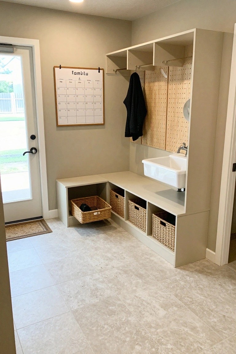 A light-colored mudroom with built-in cubbies holding woven baskets, a wall sink, pegboard, and a calendar hanging near the entry door.