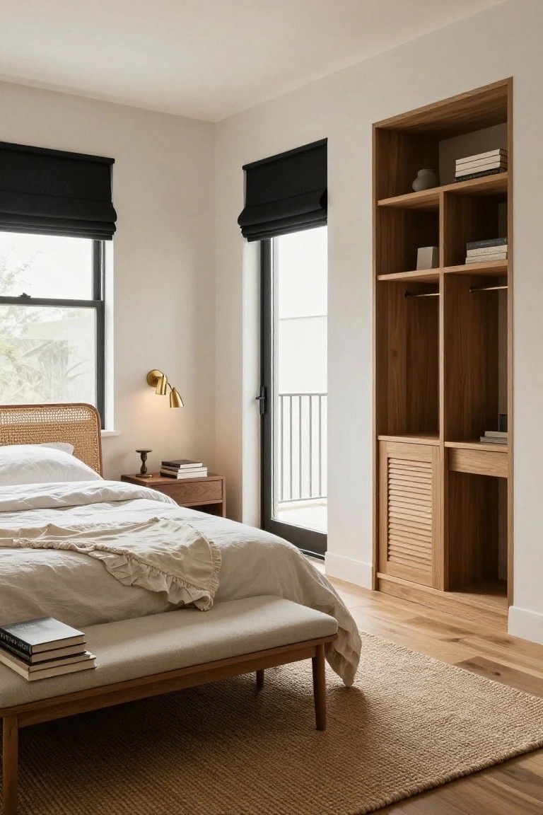 A bedroom interior showing a large wooden built-in unit with shelves, a closet rod, and louvered doors beside a bed with white bedding and a woven headboard.