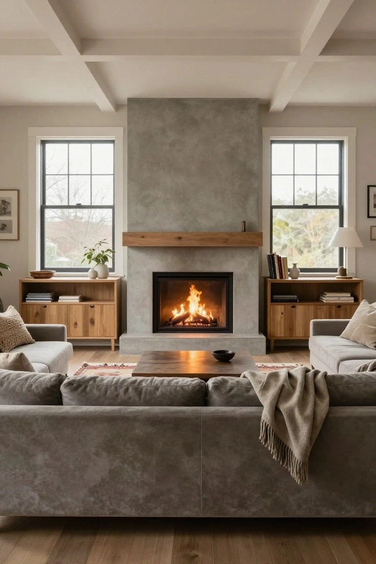 A living room featuring a concrete fireplace with a wooden mantel centered between two windows and gray sofas arranged around a coffee table.