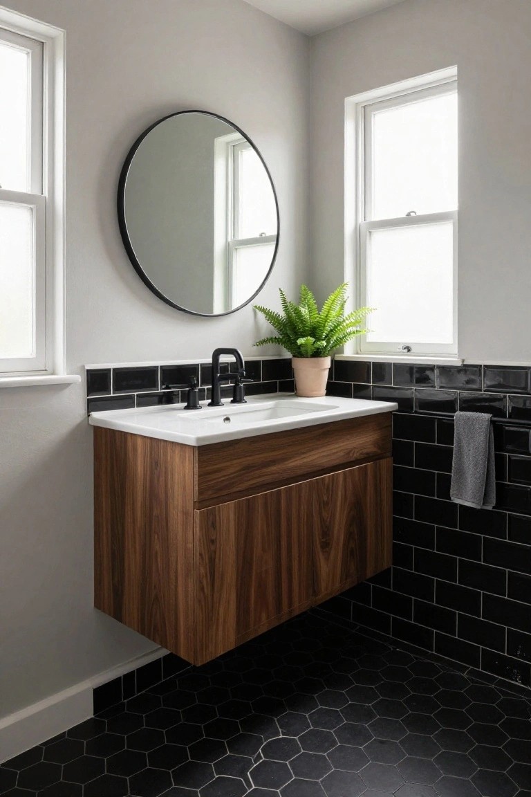 A bathroom interior showing a floating wood vanity with white sink, black faucet, round mirror above, black tile backsplash, and black hexagon floor tiles.