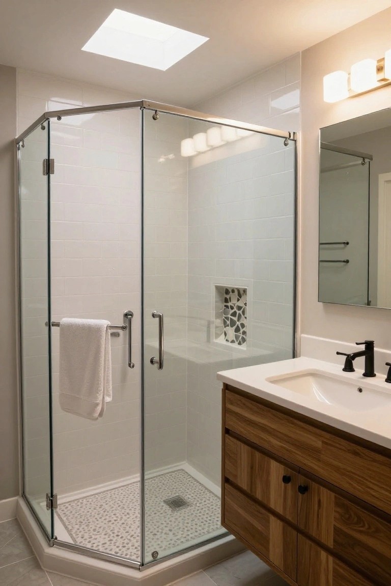 A bathroom with a corner glass shower enclosure, white subway tile walls, a pebble floor, built-in mosaic niche, and adjacent wood vanity with white sink.