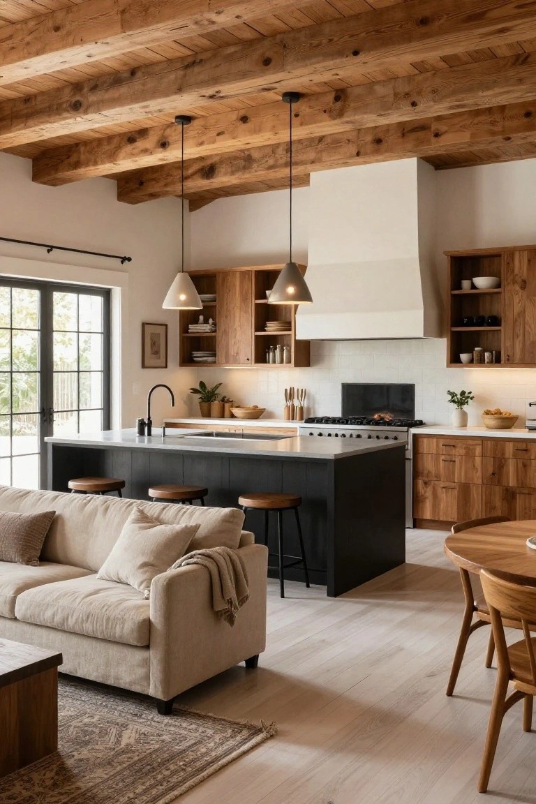 An open interior view of a living area with a beige sofa, a dark kitchen island with wooden stools, exposed wood ceiling beams, and a kitchen with wooden cabinets and a white range hood.