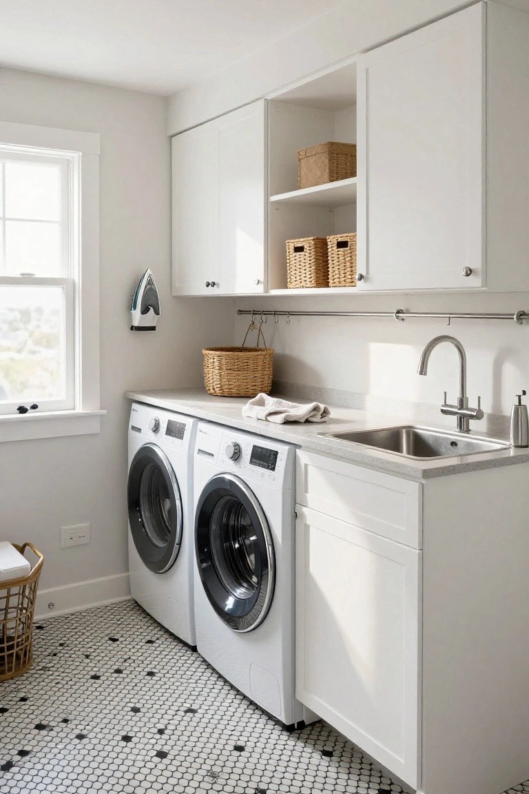 A bright laundry room with two white front-loading washing machines and dryers under a long countertop, white upper cabinets with open shelves holding baskets, a stainless steel sink, and a window on the left wall.