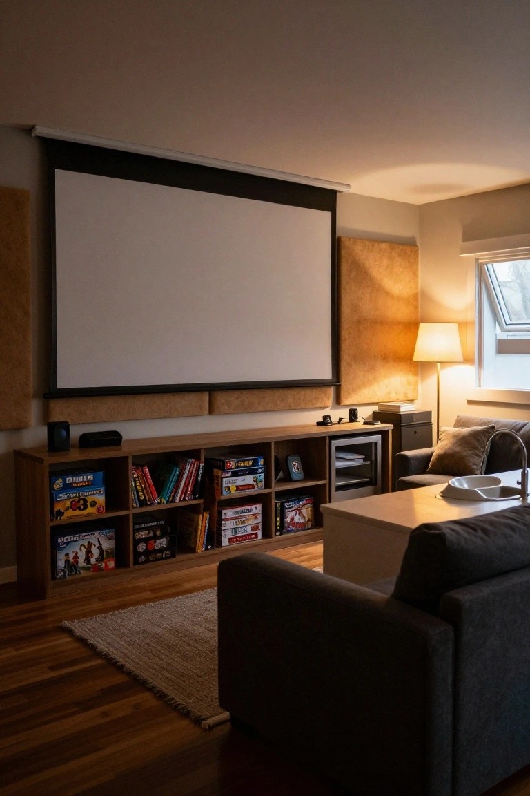A living room featuring a large projector screen mounted above a long wooden console with cubbies holding board games and books, a gray sofa in the foreground, and a window on the right.