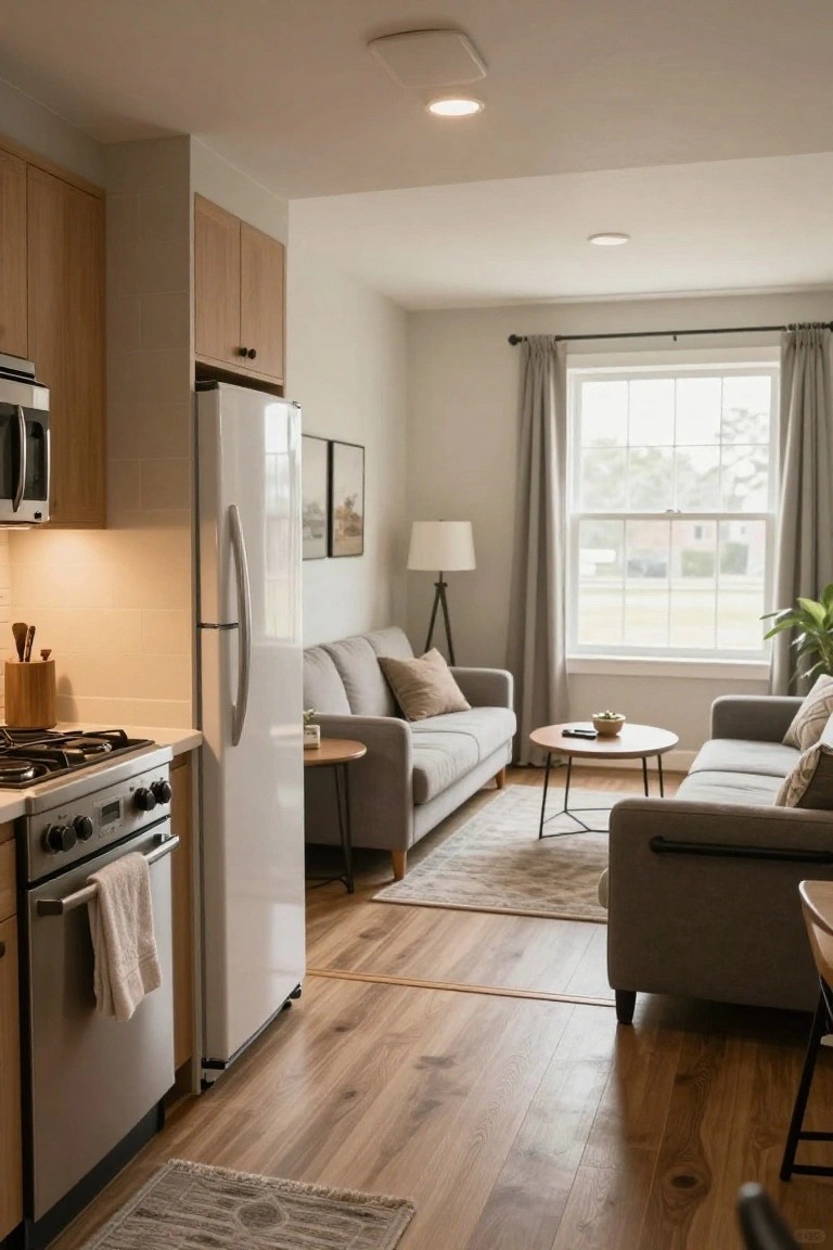 An open kitchen and living room connected by light wood flooring, with a gray sofa, round coffee table, and large window on the far wall.