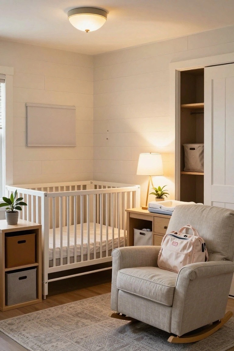 A nursery interior with a white crib against the wall, a beige rocking chair in front, and an open closet showing shelves and storage bins.