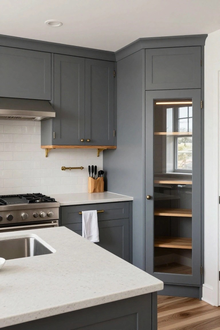 Kitchen corner with gray shaker cabinets, a stainless steel range, white countertops, and a tall glass-front cabinet with internal lighting and wood shelves.