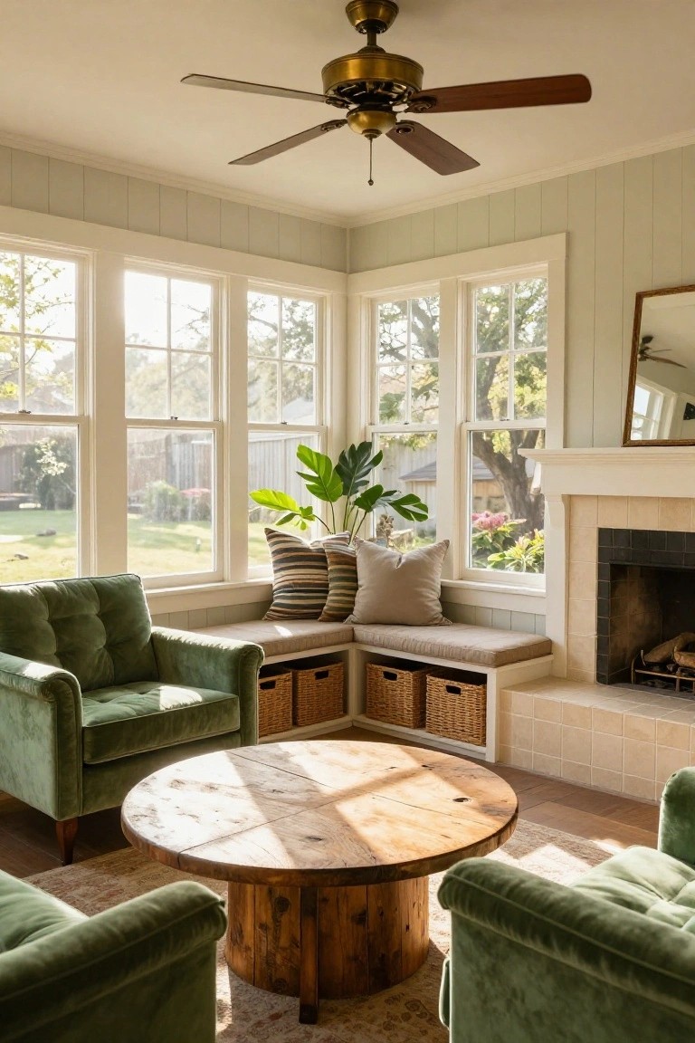 A bright living room corner featuring a built-in window seat with storage baskets below, a round wood coffee table, green upholstered chairs, and a fireplace on the right.