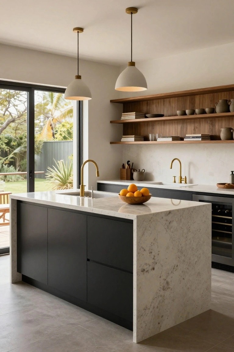 Modern kitchen with a large marble-topped island featuring dark lower cabinets, brass fixtures, and open wooden shelves on the back wall.