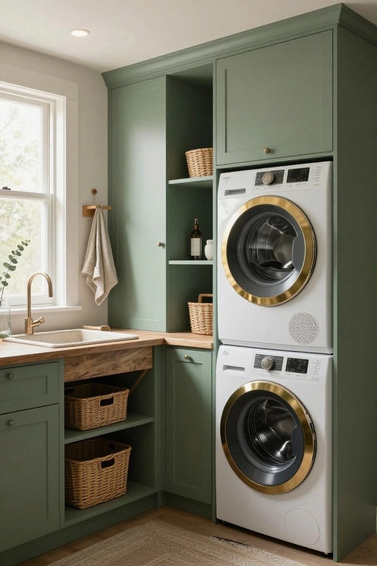 A laundry room featuring sage green built-in cabinetry with a white sink, open shelving holding baskets, and a stacked washer-dryer unit integrated into the cabinetry.