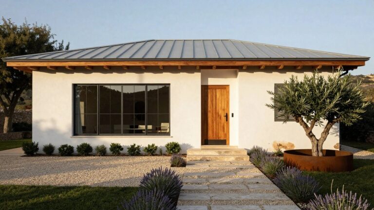 A modern white stucco house with a wooden front door, large black-framed windows, and a dark flat overhang above the entrance, set beside gravel paths and lavender plants.