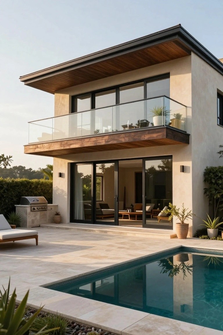 A modern two-story villa with large sliding glass doors opening to a stone patio and swimming pool, a cantilevered balcony with glass railing above, and outdoor lounge furniture visible inside.
