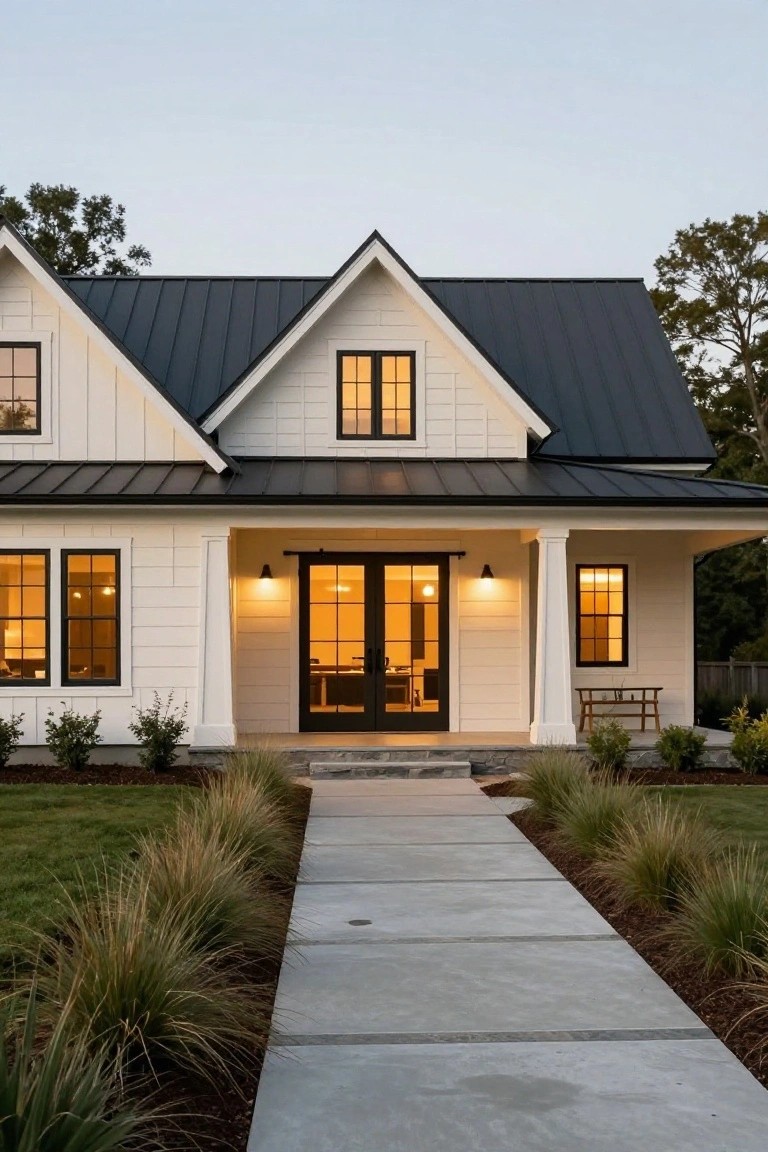 Front view of a white ranch house with a dark metal roof, gabled sections, and a central porch featuring black double doors and white columns.