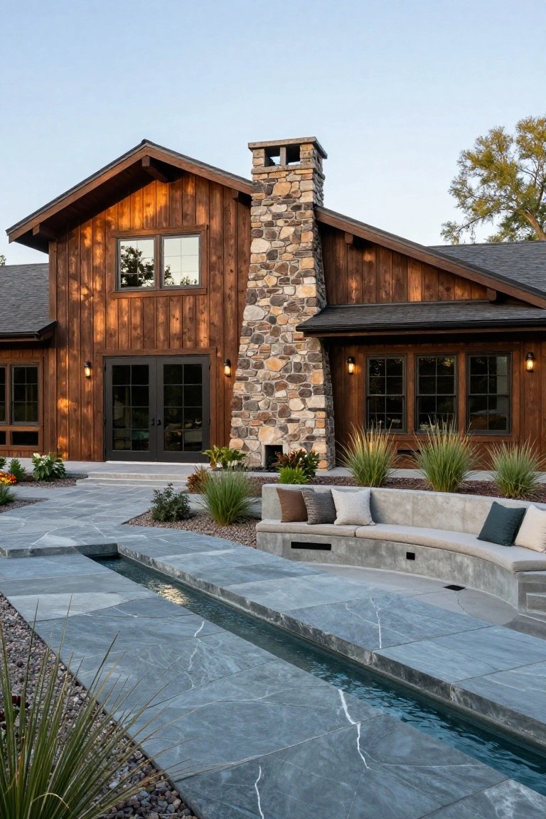 A wooden ranch house exterior with a large stone chimney and an attached stone patio featuring a curved concrete bench and a linear water feature running through the pavers.