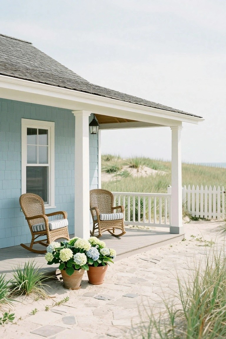 A light blue house with white trim and a covered porch holding two wicker rocking chairs, potted hydrangeas, and a stone path leading toward dunes.