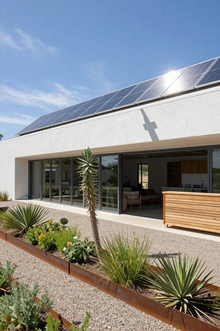 A single-story modern ranch house with solar panels covering much of the roof and large sliding glass doors opening onto a gravel yard with desert plants.
