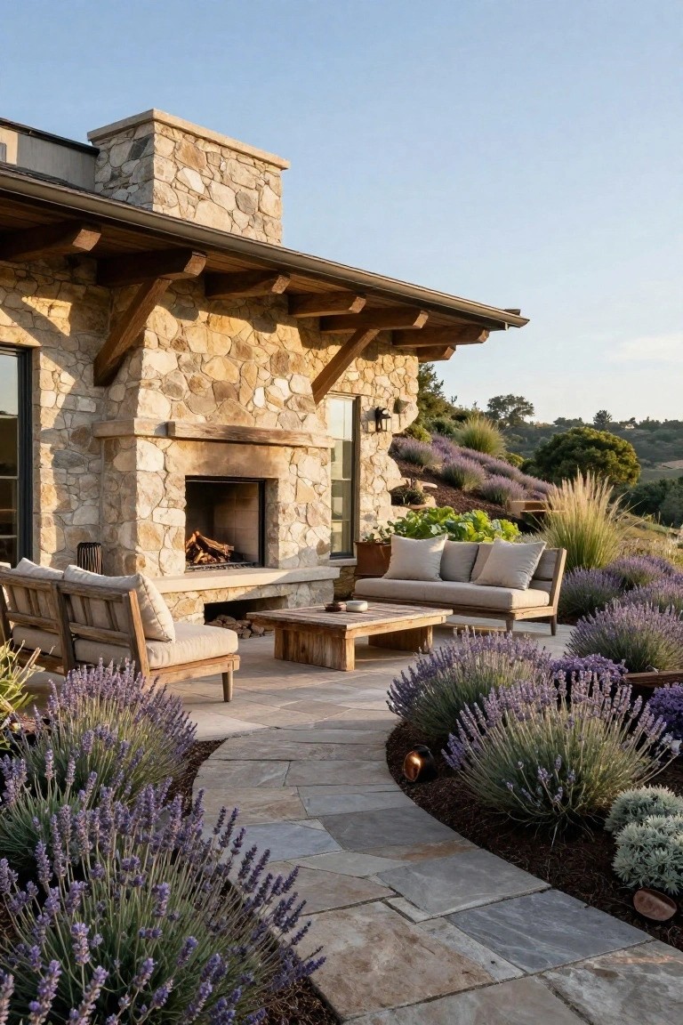 A stone ranch house exterior featuring an outdoor fireplace on a stone patio with cushioned seating and lavender landscaping.