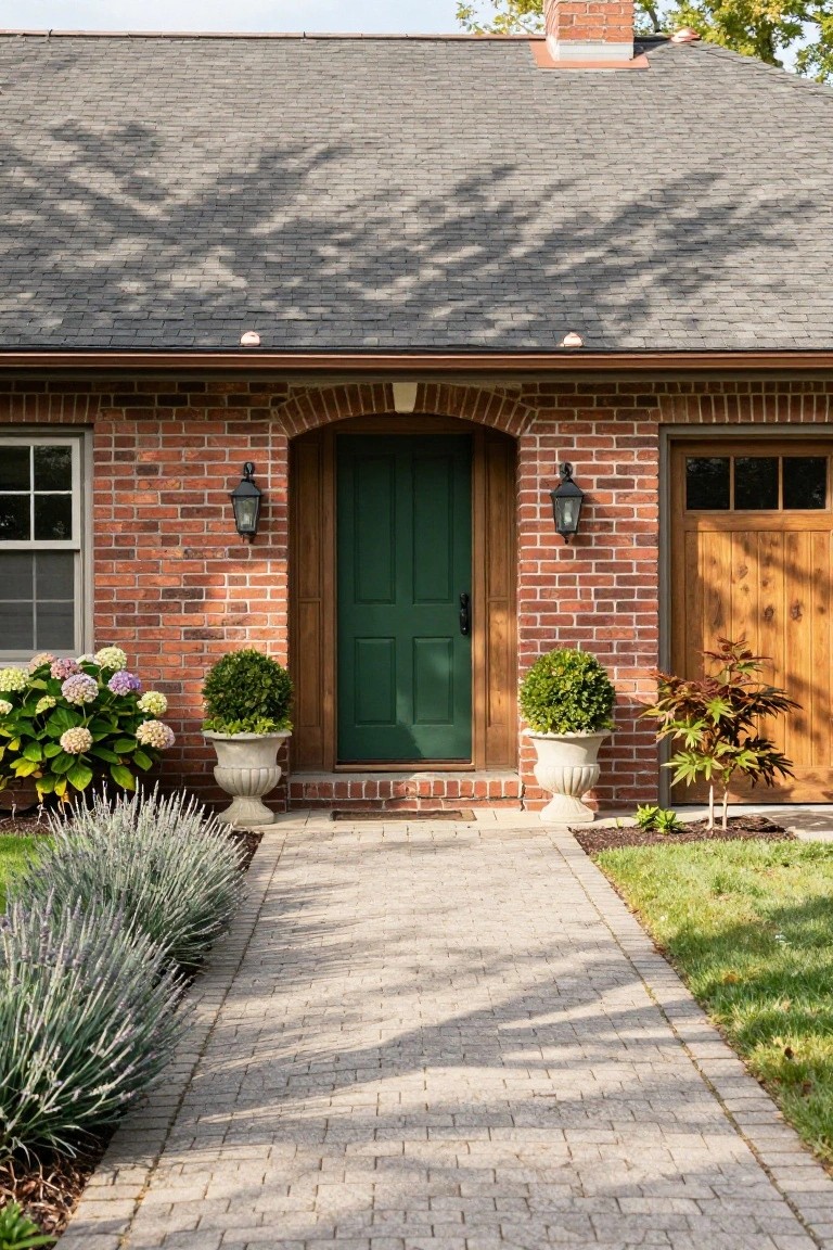 A brick ranch house exterior with a green door centered under an arched brick entry, two wall lanterns, potted shrubs on either side, and a paved walkway leading to the door.