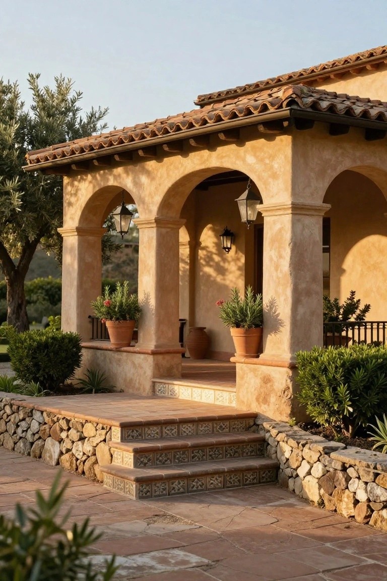 Terracotta-tiled steps lead to stucco villa with arched columns and potted plants.