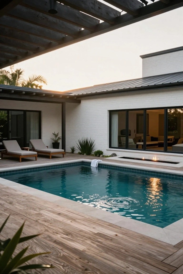 A backyard pool area with wooden decking surrounding a rectangular pool, two lounge chairs on the left, and a dark wood pergola overhead.